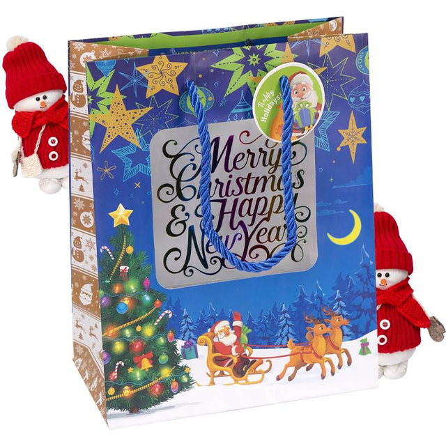 Подарунковий пакет "Merry christmas happy new year - новорічний синій фон" 18х23х10 см (1 штука)
