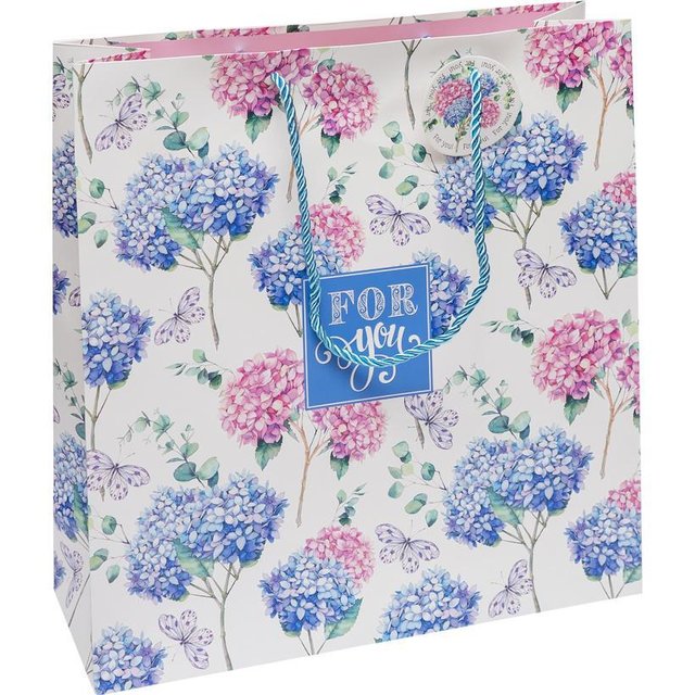 Подарочный пакет "Сине-розовые цветы на белом" 35х37х12 см (1 штука)