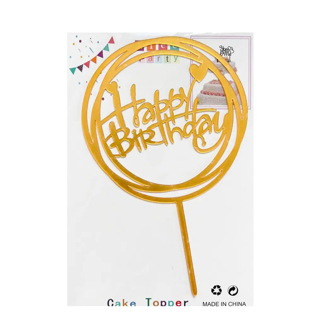 Топер для торту золото "Happy Birthday коло,серця",15*10 см