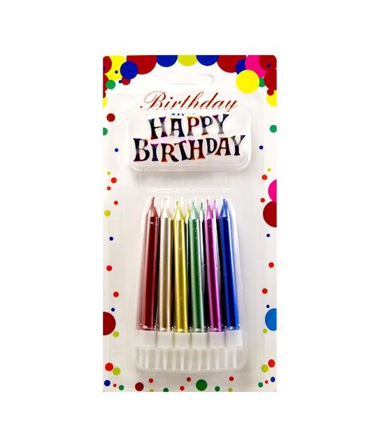 Свічки для торту Великі товсті Асорті Металік + Напис Happy Birthday (12 шт)