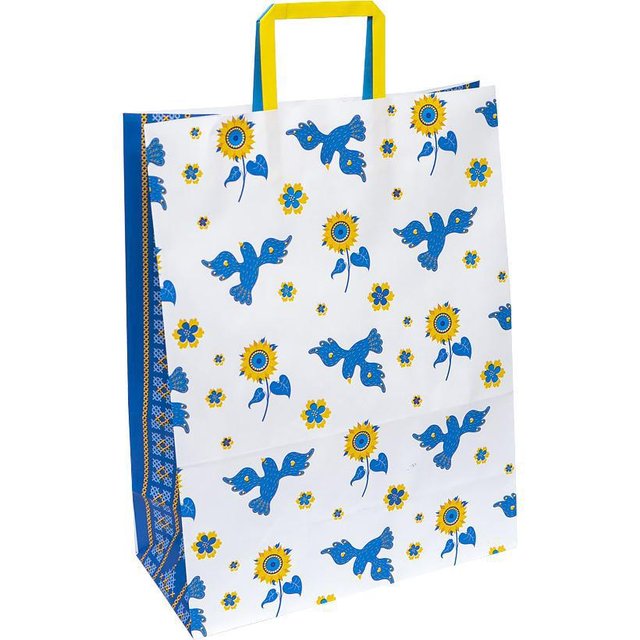 Подарочный пакет "Украинские сине-желтые цветы КРАФТ белый" 32х15х42 см (1 штука)