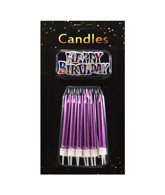Свічки для торту Великі товсті Фуксія металік + Напис Happy Birthday (12 шт)