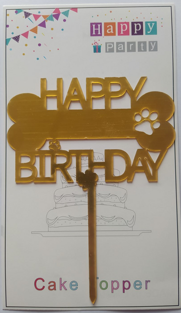 Топпер для торта золото "Happy Birthday лапки та косточка",15*10 см