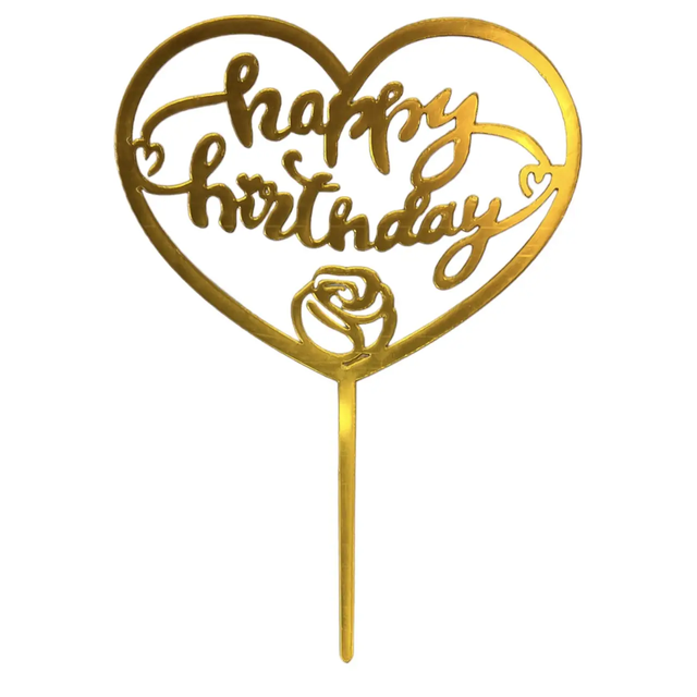 Топер для торту золото "Happy Birthday серце",15*10 см
