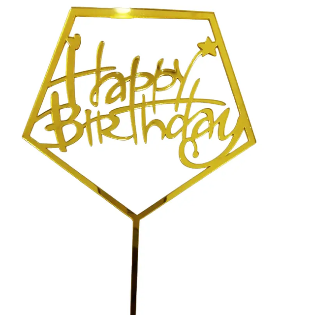 Топпер для торта золото "Happy Birthday бокал,звёздочка,сердце",15*10 см
