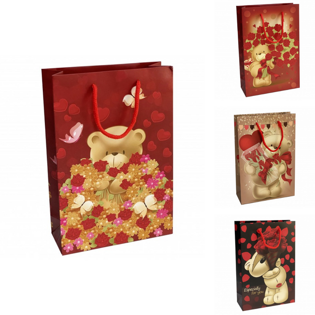 Подарунковий пакет "Ведмедик із квітами" мікс 17,5х25х7 см