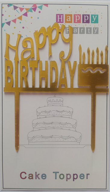 Топпер для торта золото "Happy Birthday торт",15*10 см