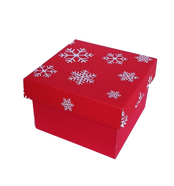 Подарочная коробка двусторонний картон "Новый год красная снежинки" (15х15х9)
